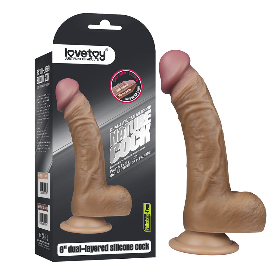 8" DUAL LAYERED SILICONE COCK BROWN